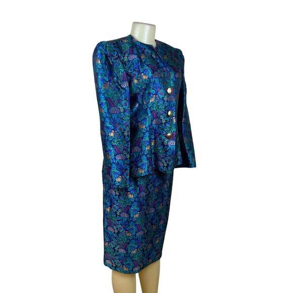 Vintage Guy Laroche Turquoise Satin Skirt & Jacket Set With Floral Print  Sz W14 - Picture 2 of 13